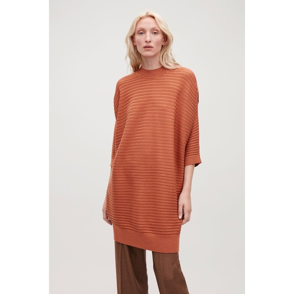COS Voluminous Wool Rib-Knit Sweater Dress in Rust Orange, Women's Size Large